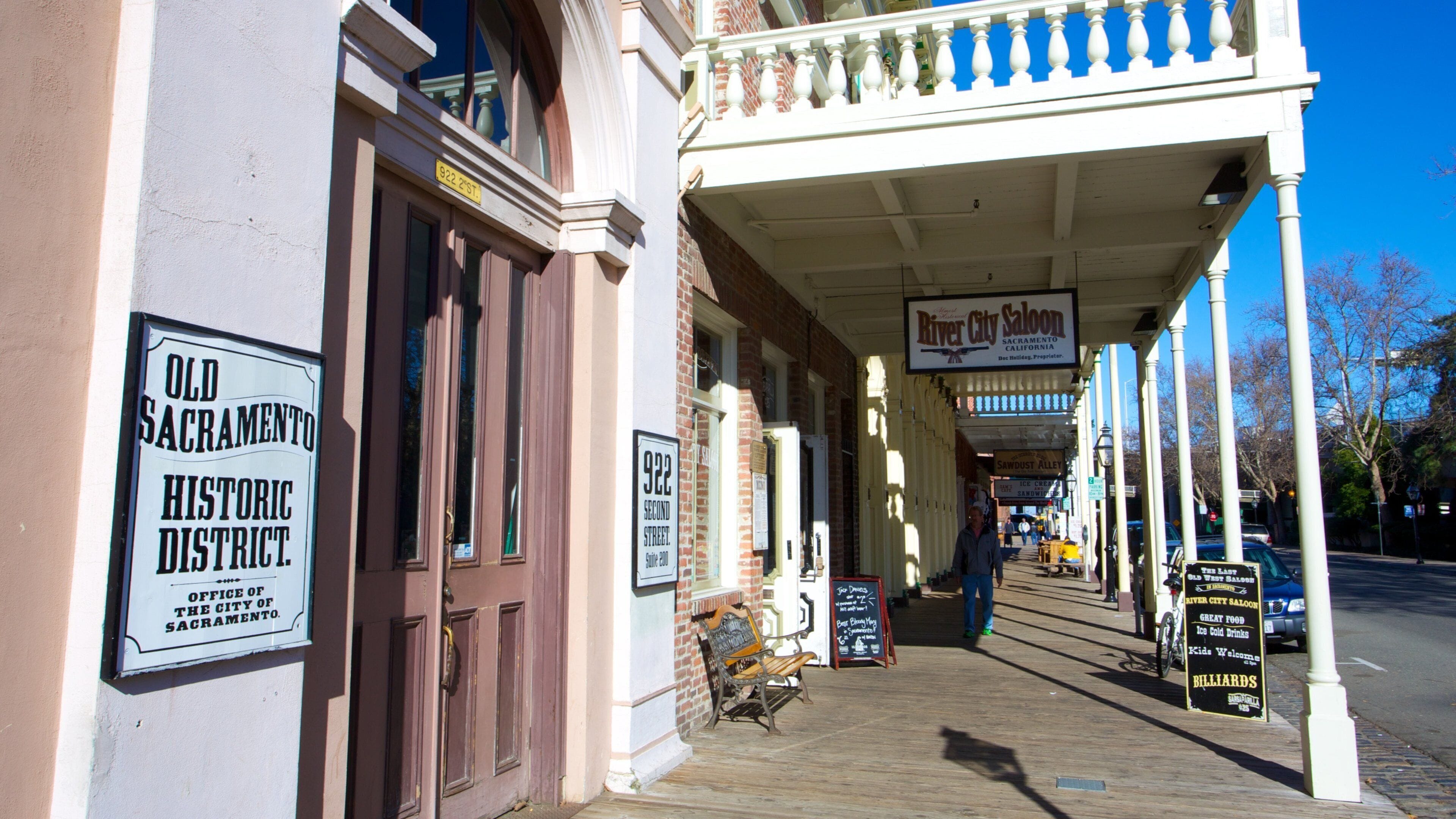 Old Sacramento showing signage and heritage architecture