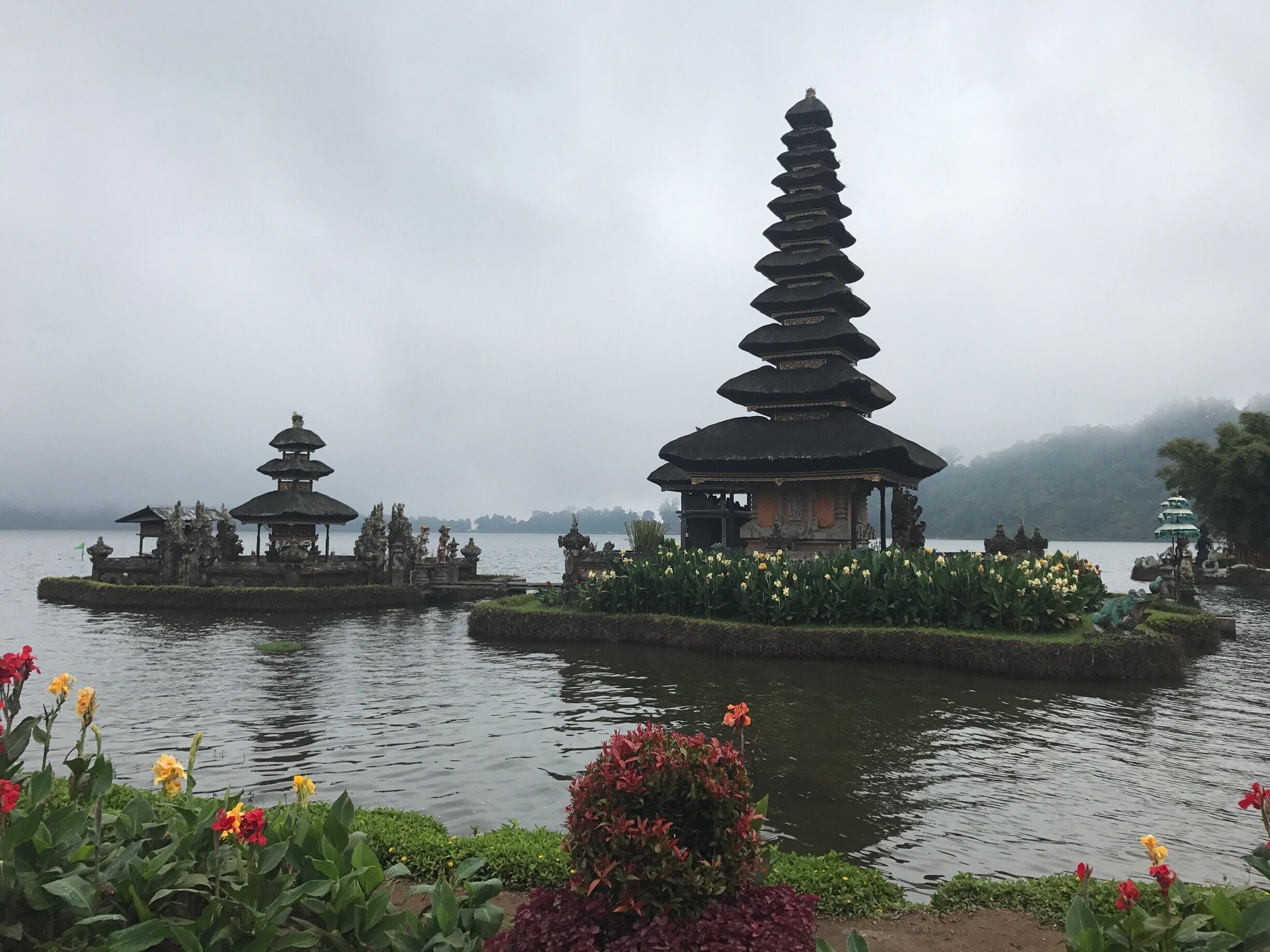 A serene lake with traditional pagodas and lotus flowers.