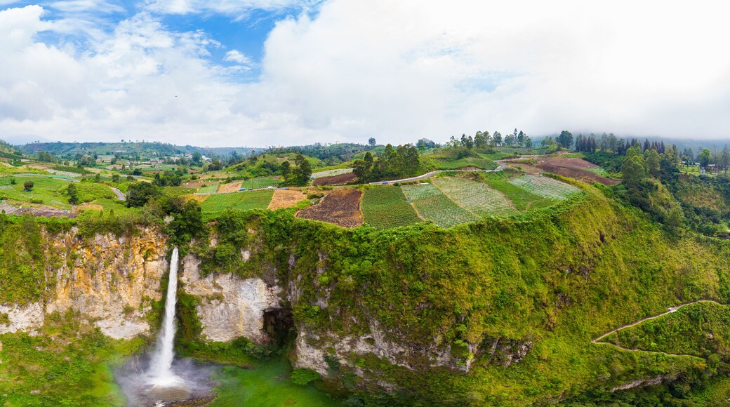 Aerial view Sipiso-piso waterfall in Sumatra, travel destination in Berastagi and Lake Toba, Indonesia.