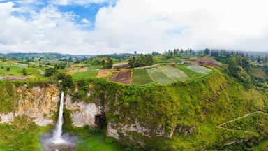 Aerial view Sipiso-piso waterfall in Sumatra, travel destination in Berastagi and Lake Toba, Indonesia.