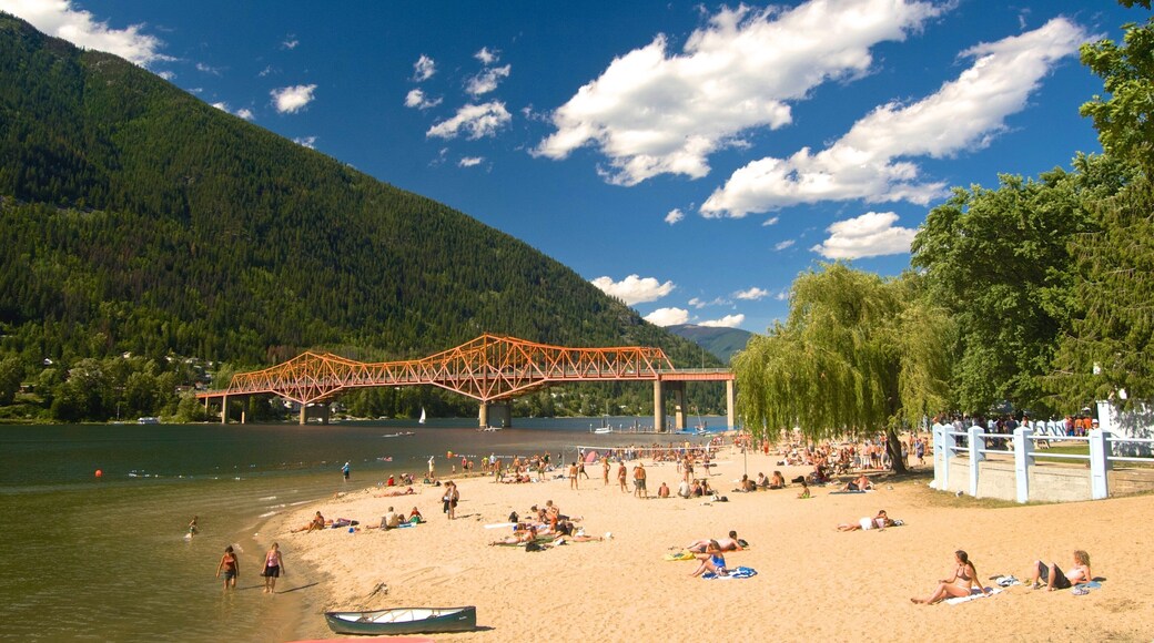 Nelson showing a beach, a bridge and mountains