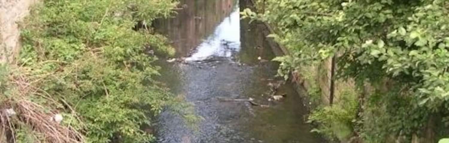 Um estreito canal de água com uma pequena cascata, rodeado por vegetação densa e muros de pedra.