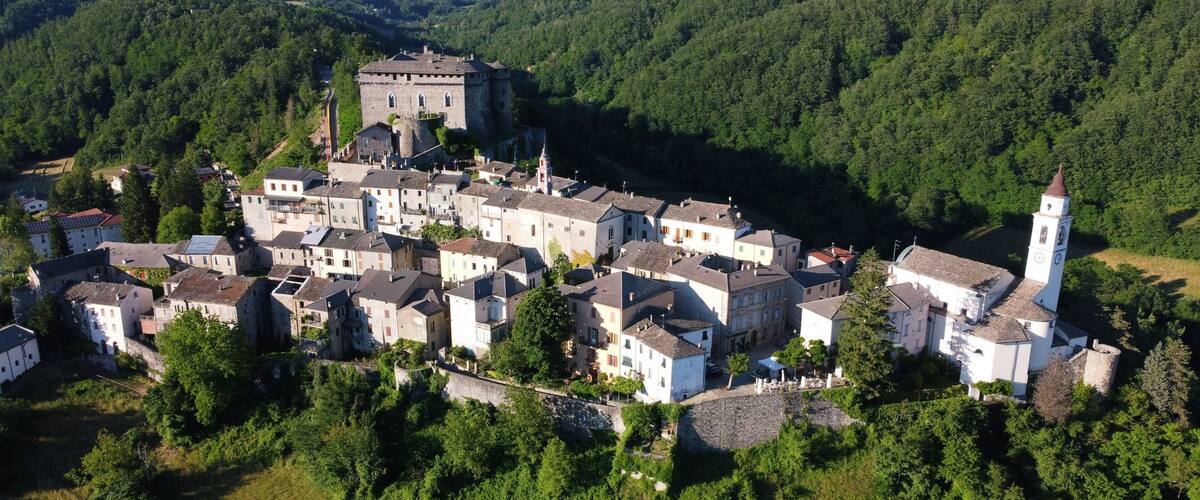 A historic town with a prominent castle and church surrounded by forested hills.