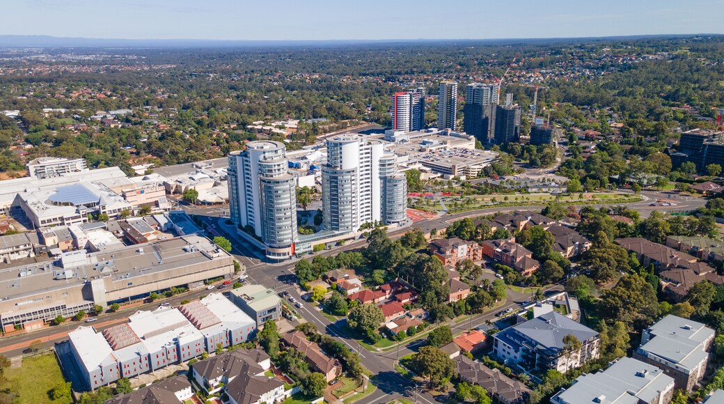 Aerial drone view of Castle Hill cbd in Sydney, NSW Australia on a sunny day in December 2023