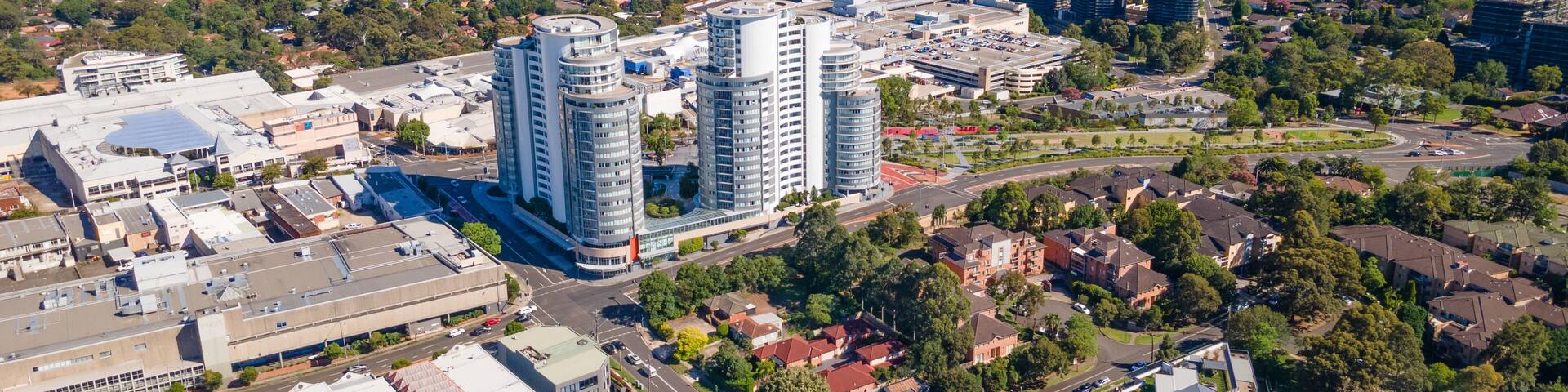 Aerial drone view of Castle Hill cbd in Sydney, NSW Australia on a sunny day in December 2023
