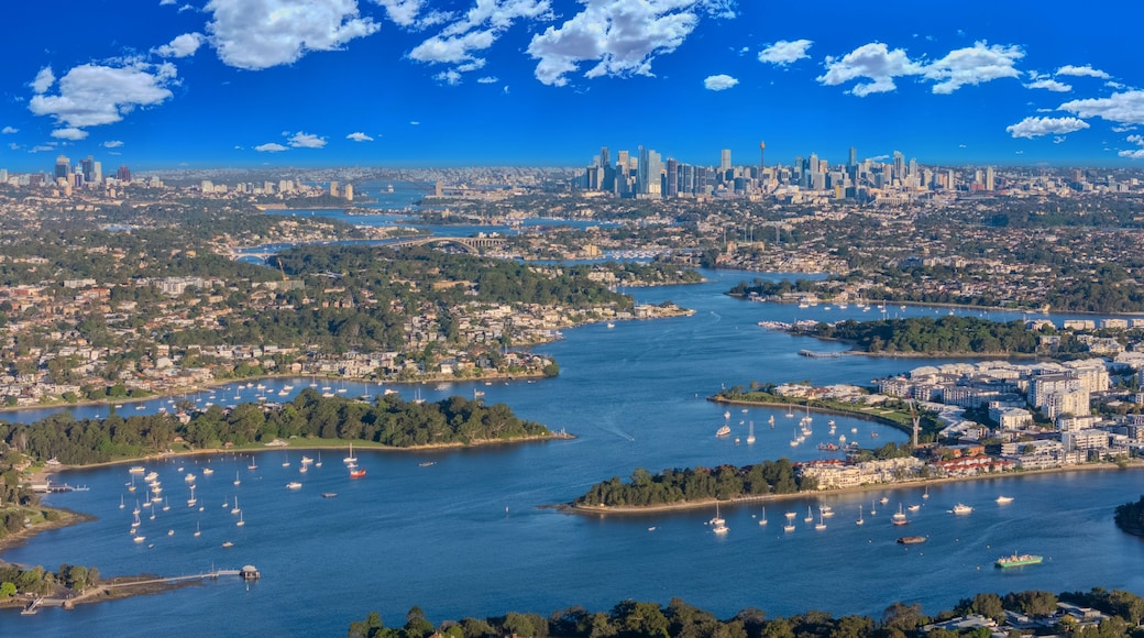 Panorama Aerial view above Rhodes with views to Meadowbank and Olympic park and Wentworth Point and Concord West with Parramatta River in Sydney NSW Australia