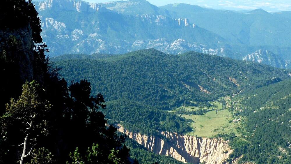 A mountainous landscape with dense forests and a valley.