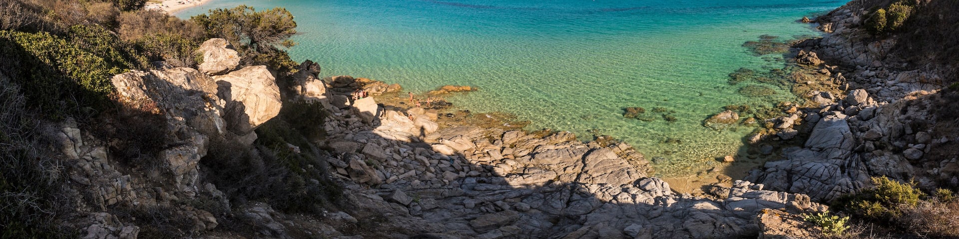 Panoramic view of the turquoise sea and sandy beach surrounding Cala Monte Turno Castiadas Cagliari Sardinia Italy Europe