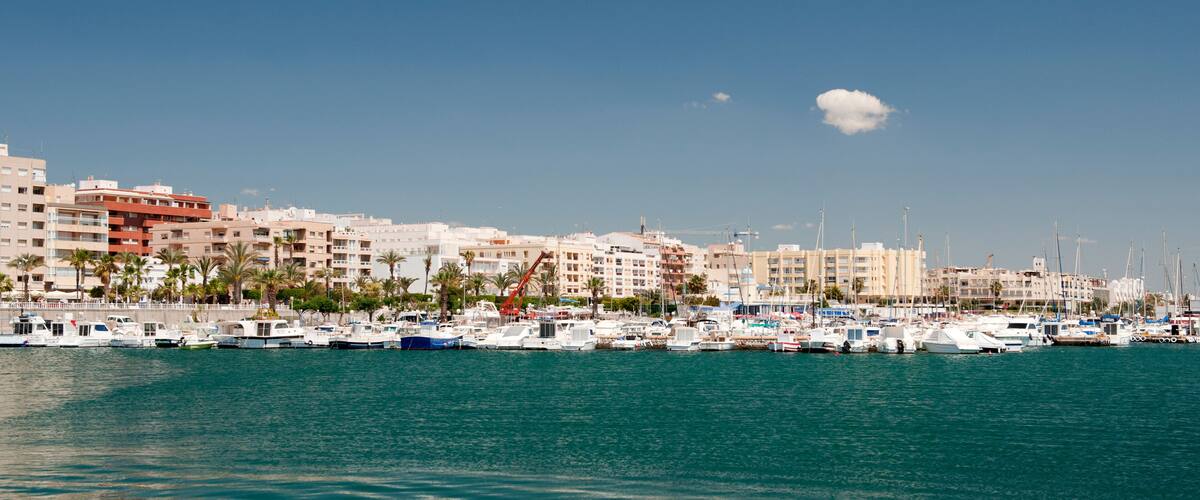 A marina with numerous boats docked, a clear blue sky, and a cityscape with buildings in the background.