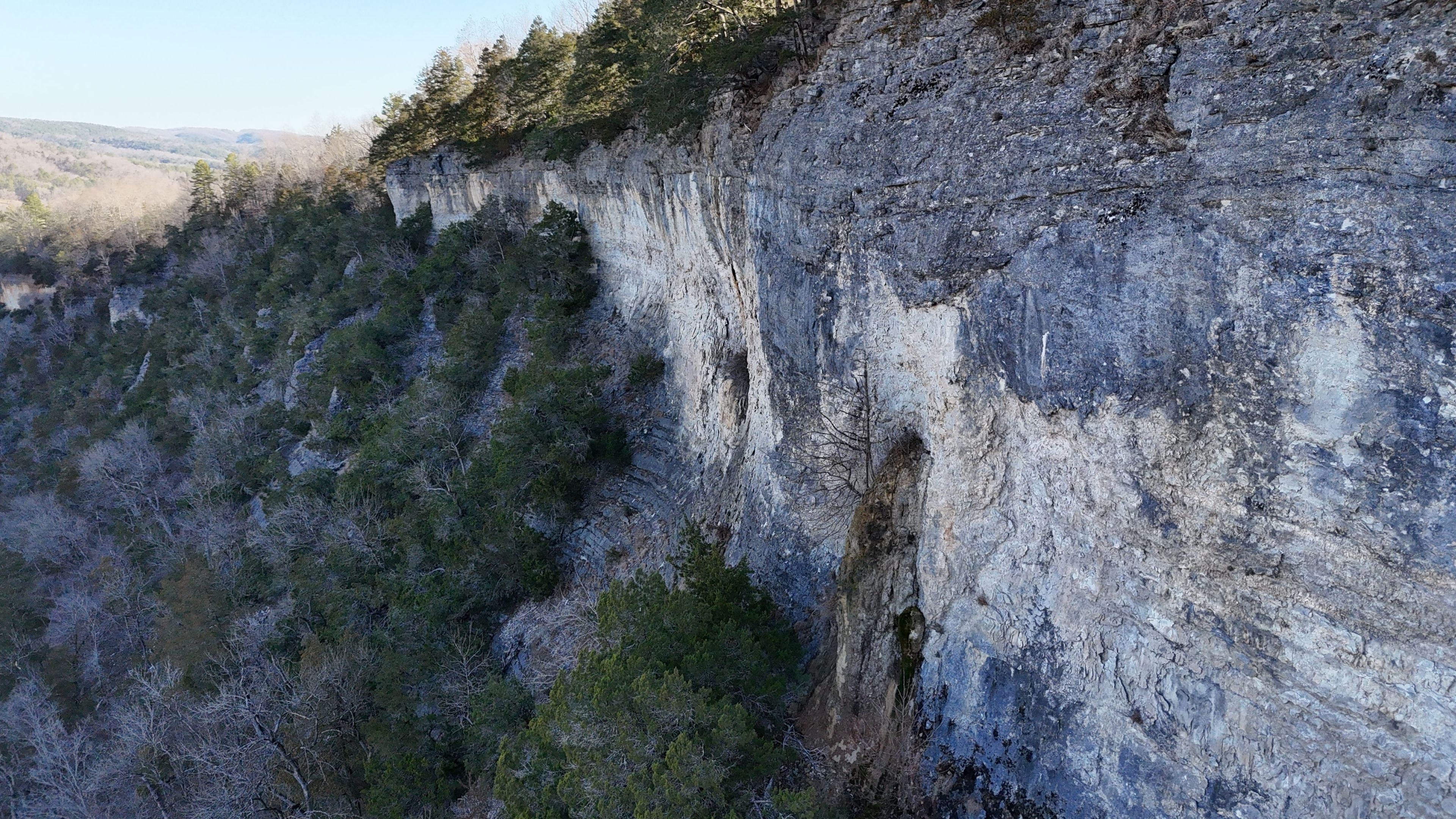 A rugged cliff with sparse vegetation and a clear sky.