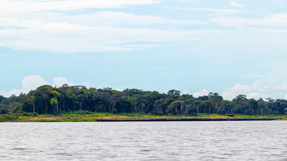 A calm river with a forested shoreline.