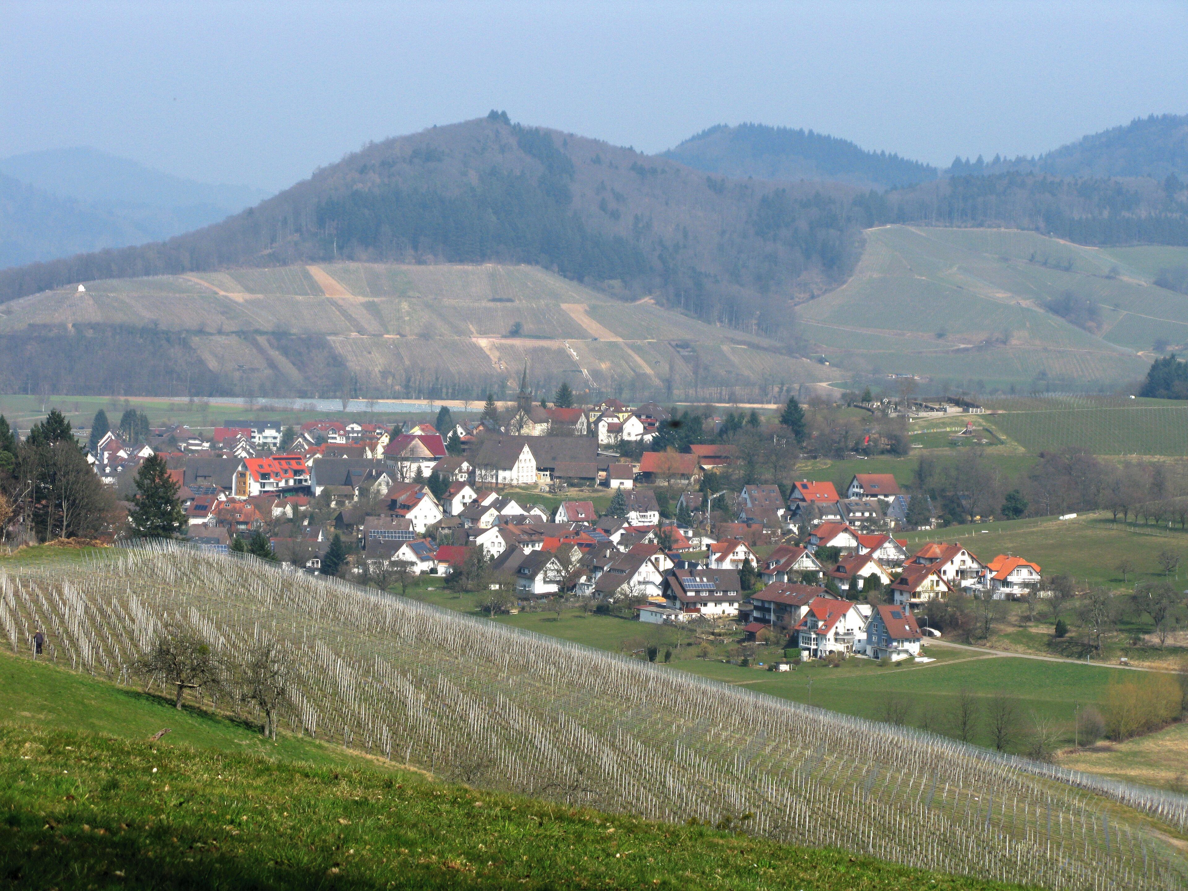 A village with red-roofed houses nestled in a valley, surrounded by rolling hills and vineyards.