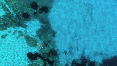 Swimmer off Cala Goloritze, a secluded Sardinian beach, as seen from the top of Aguglia di Goloritzé, a 500 foot, limestone spire above the beach. While the view isn't possible without a technical rock climb up pristine limestone, the beach can be reached with a three mile hike down through the woods. #AboveItAll