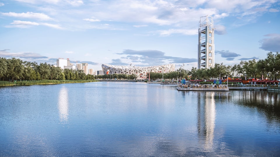 Beijing National Stadium, water, sky, day