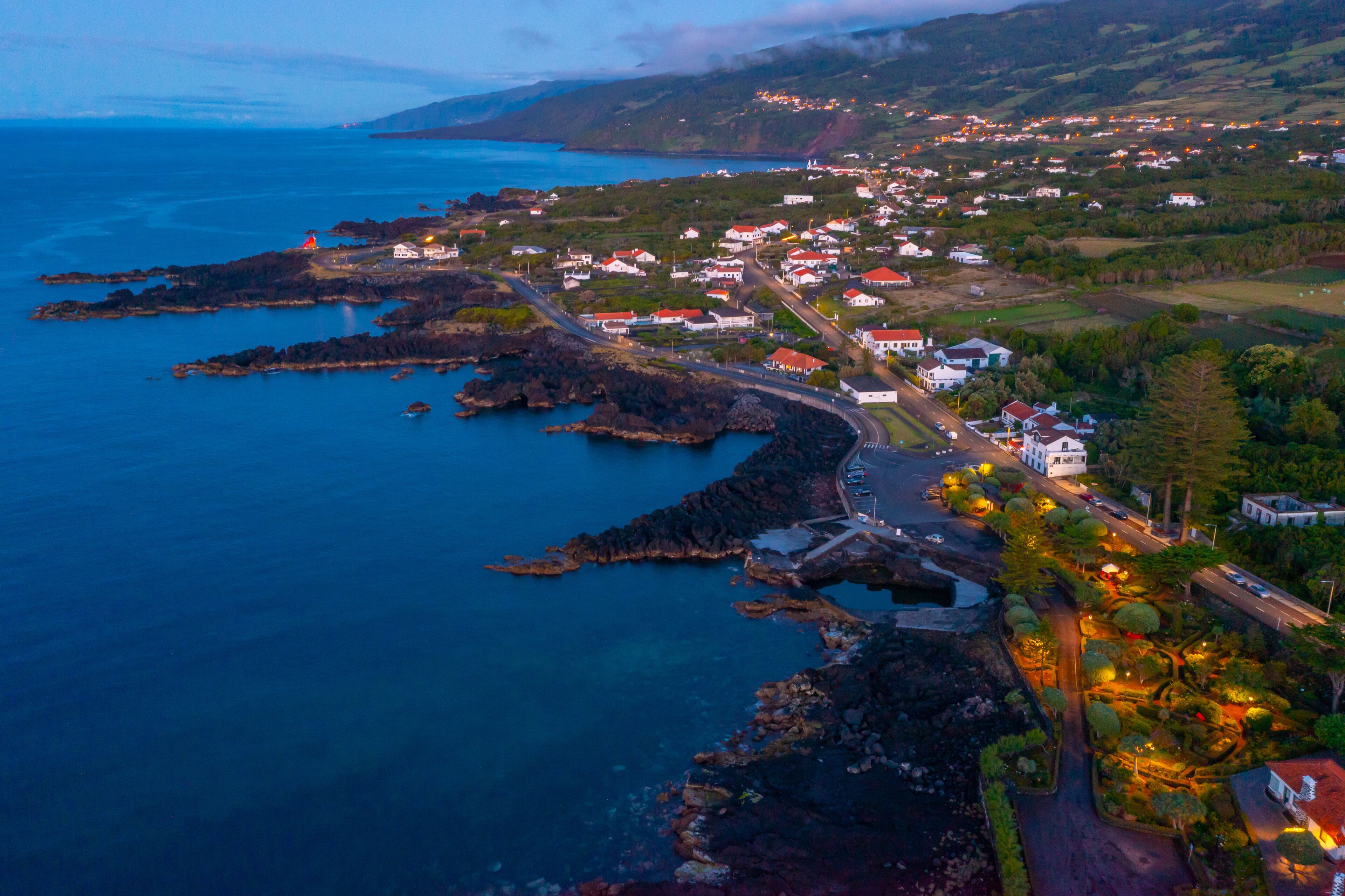 Sunset view of Sao Roque do Pico town in Portugal