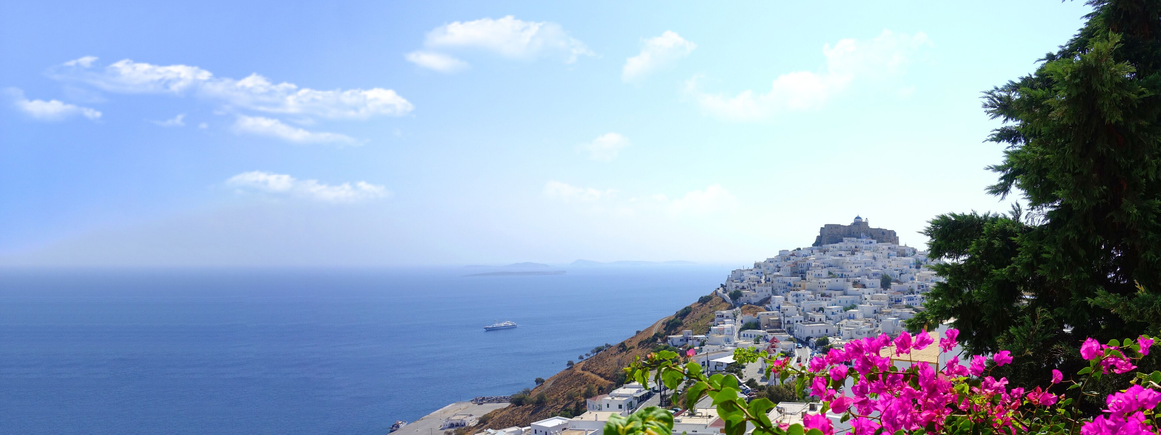 Ultra wide photo from famous Querini castle on top of Astypalaia island main village, Dodecanese, Greece
