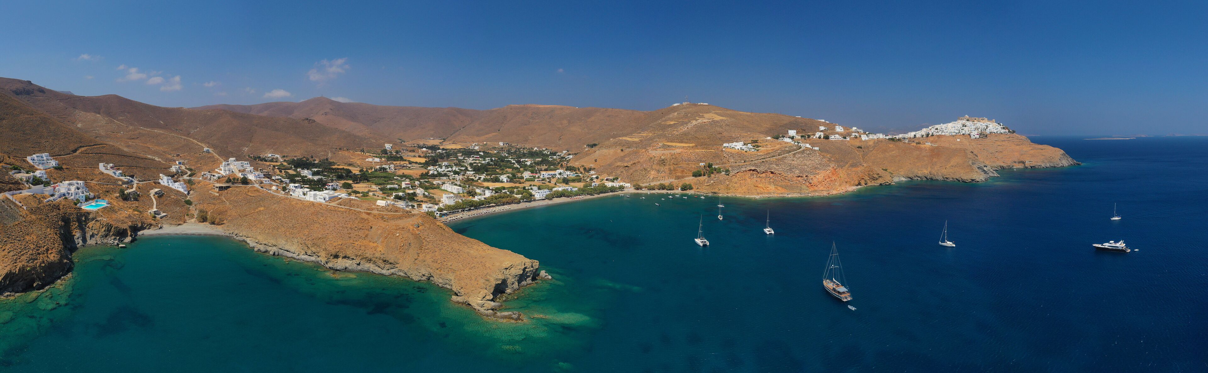 Aerial drone photo of famous beach of Livadi near main town of Astypalaia island, Dodecanese, Greece