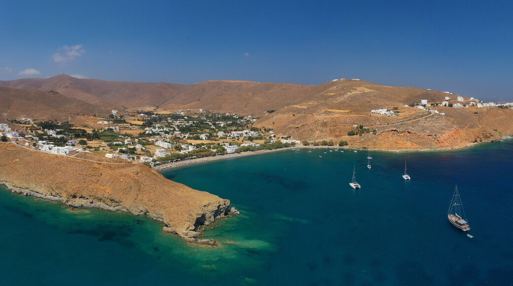 Aerial drone photo of famous beach of Livadi near main town of Astypalaia island, Dodecanese, Greece