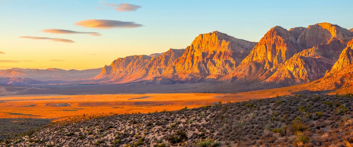 A desert landscape with prominent rocky mountains and sparse vegetation.