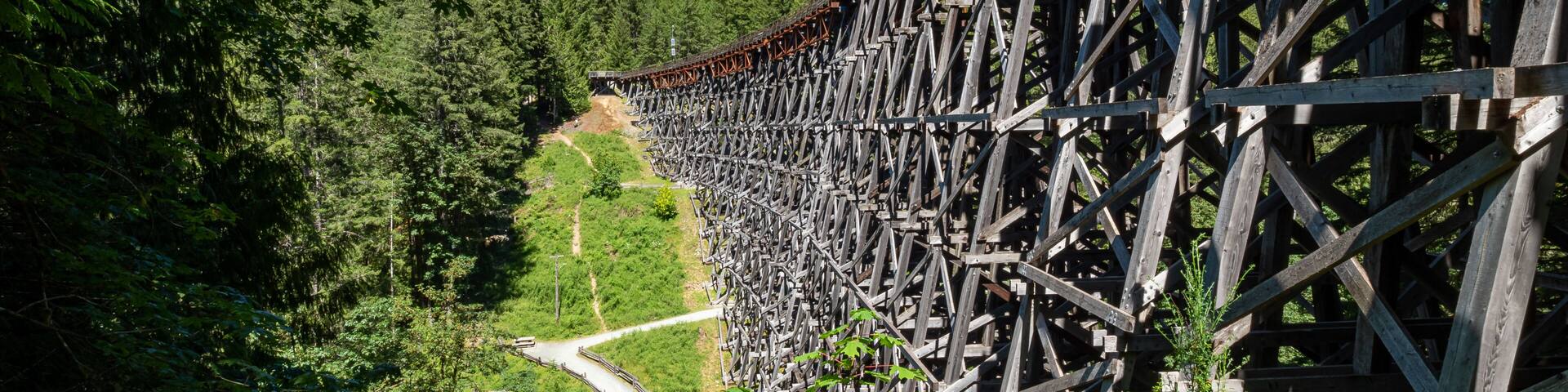 A wooden bridge with a curved design, surrounded by dense forest and a winding road below.