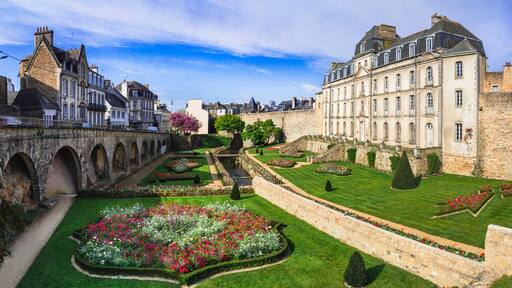 France Brittany Vannes Hermine Castle high resolution 14K side view panorama. Majestic gardens and medieval ramparts in old town. Large scale wall art of historic Bretagne monument