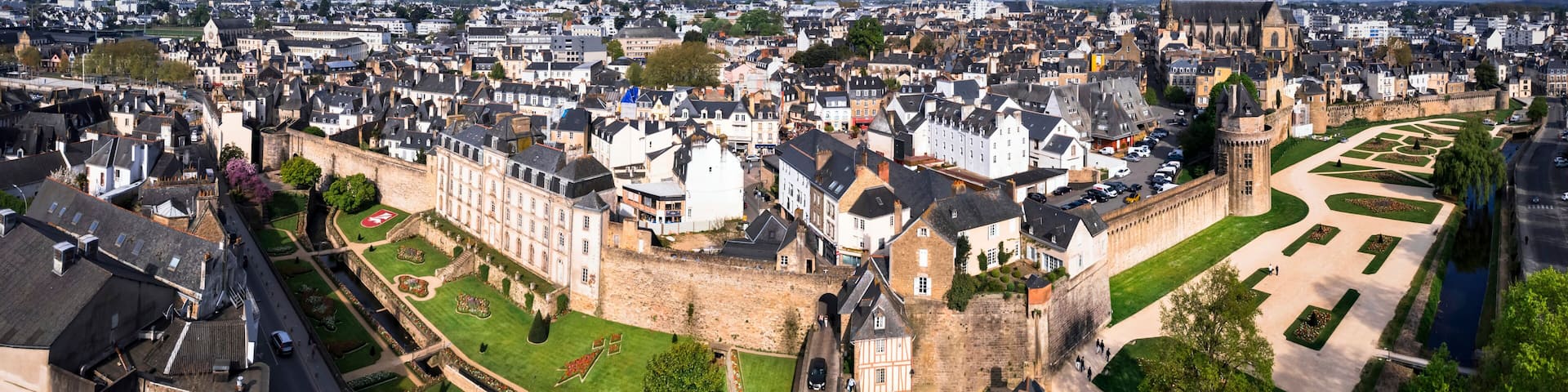 Brittany, France . park at the walls of the historical Old town of Vannes city, popular tourist destination in Morbihan department. aerial drone panorama