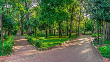 A park with a paved walkway, lush greenery, and a sign indicating a distance of 100m.