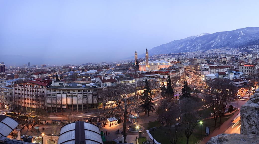 Panorama view of Bursa city in winter from Bursa castle at evening time in Turkey.