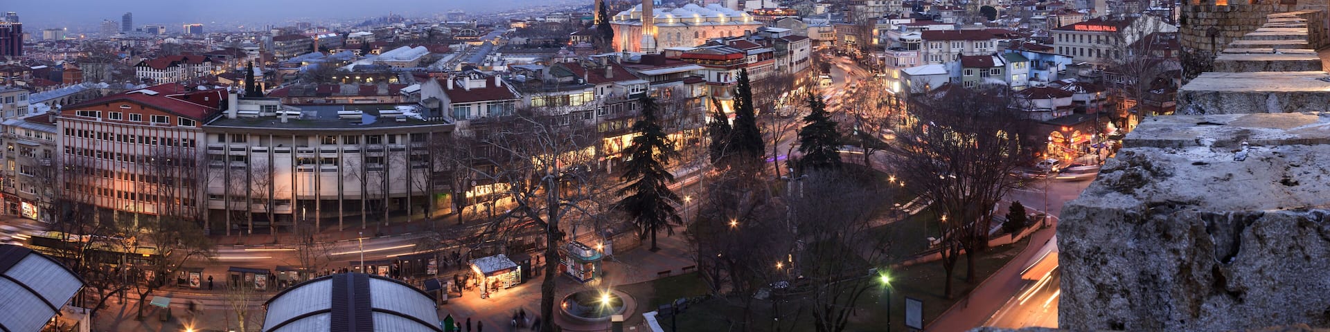 Panorama view of Bursa city in winter from Bursa castle at evening time in Turkey.