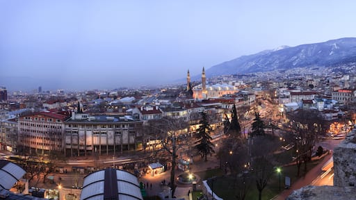 Panorama view of Bursa city in winter from Bursa castle at evening time in Turkey.