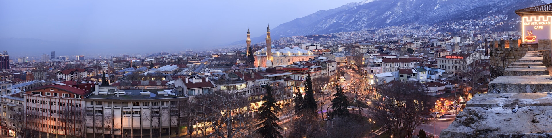 Panorama view of Bursa city in winter from Bursa castle at evening time in Turkey.