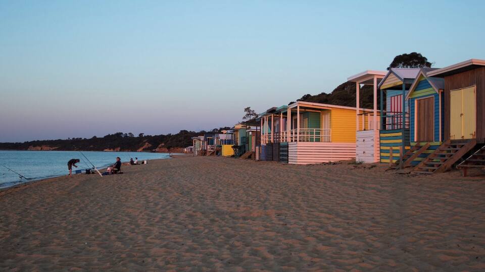 A big feature of the beaches that line the eastern shorelines of Port Phillip Bay in Victoria are the brightly coloured beach bathing boxes. Mount Martha has some spectacular examples of these curious structures. And there is nothing like a sunset on the beach.