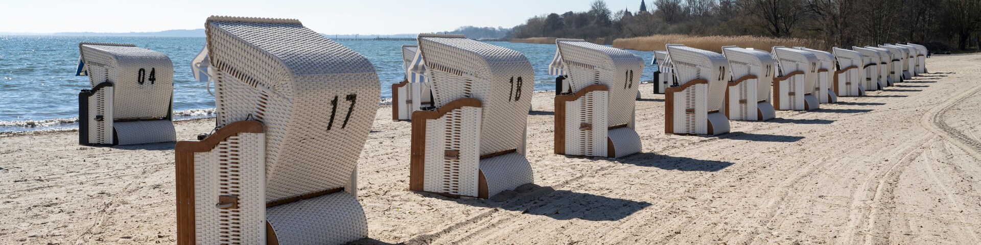 A row of beach chairs numbered 04 to 22 on a sandy beach with a body of water and trees in the background.