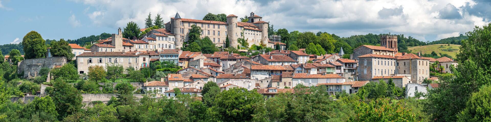 A historic town with a prominent castle on a hill, surrounded by lush greenery and traditional buildings.