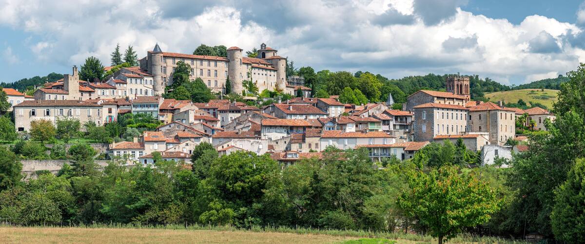 A historic town with a prominent castle on a hill, surrounded by lush greenery and traditional buildings.