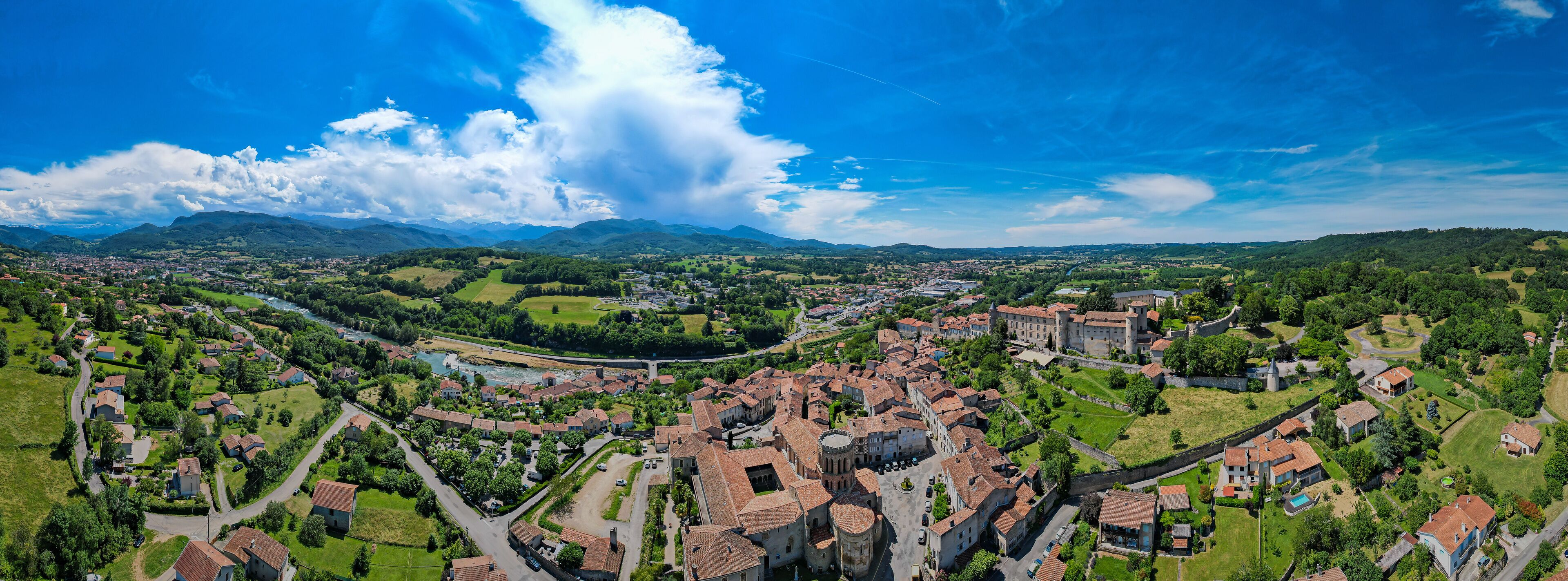 Aerial view of the beautiful french village of Saint-Lizier in southern France, Ariège, Occitanie
