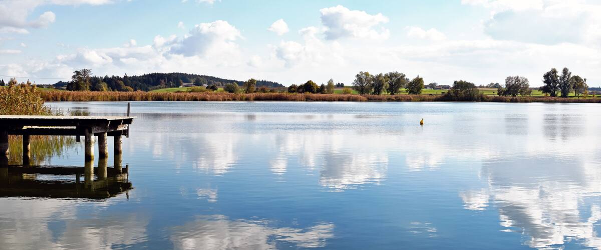 A calm lake with a wooden dock extending into the water, surrounded by trees and hills in the background.