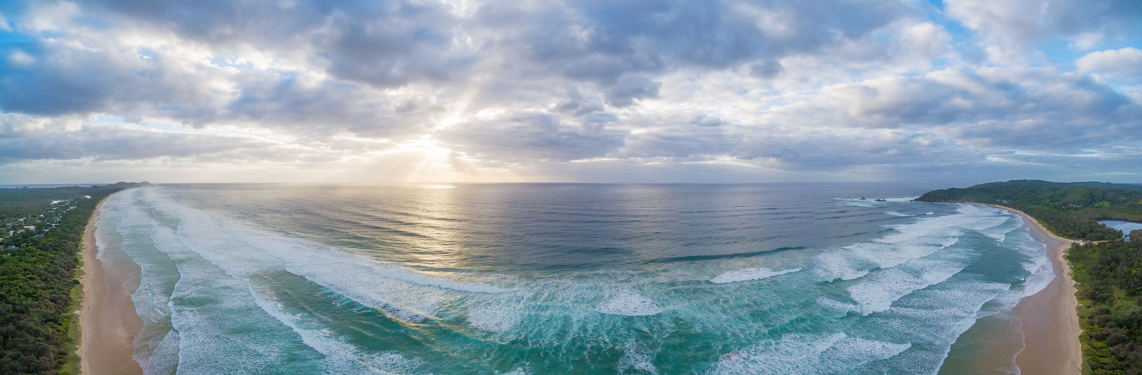Aerial view of beautiful sunset over Ocean coastline near Byron Bay, New South Wales, Australia