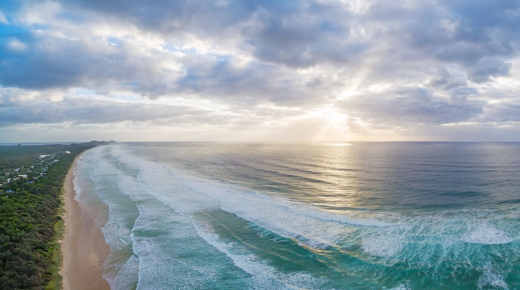 Aerial view of beautiful sunset over Ocean coastline near Byron Bay, New South Wales, Australia