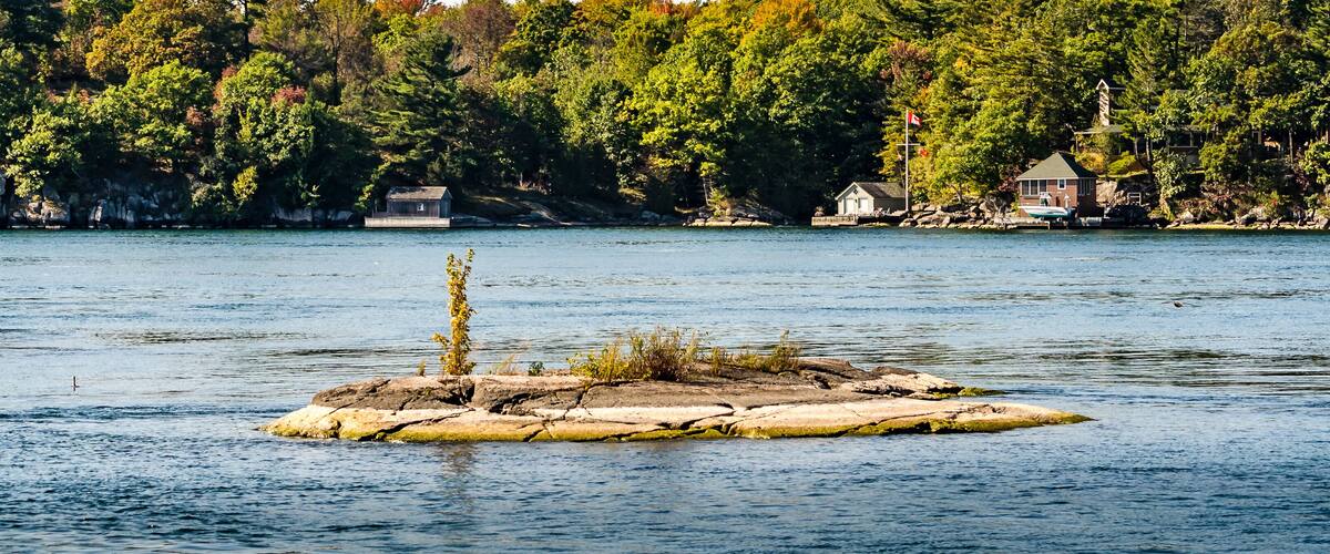 A small island in a lake surrounded by dense forest and houses.