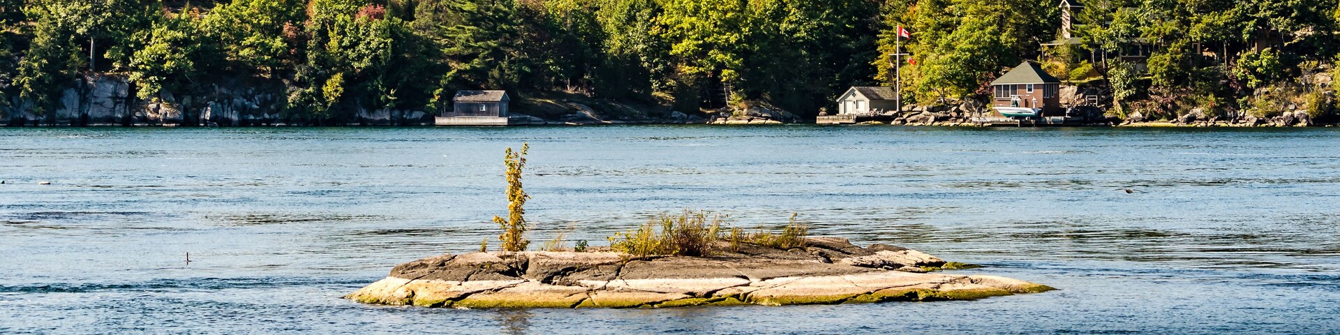 A small island in a lake surrounded by dense forest and houses.