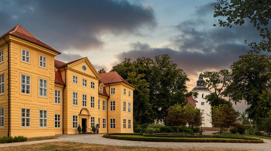 Panoramic view of Castle Mirow with Church Johanniterkirche (Germany)