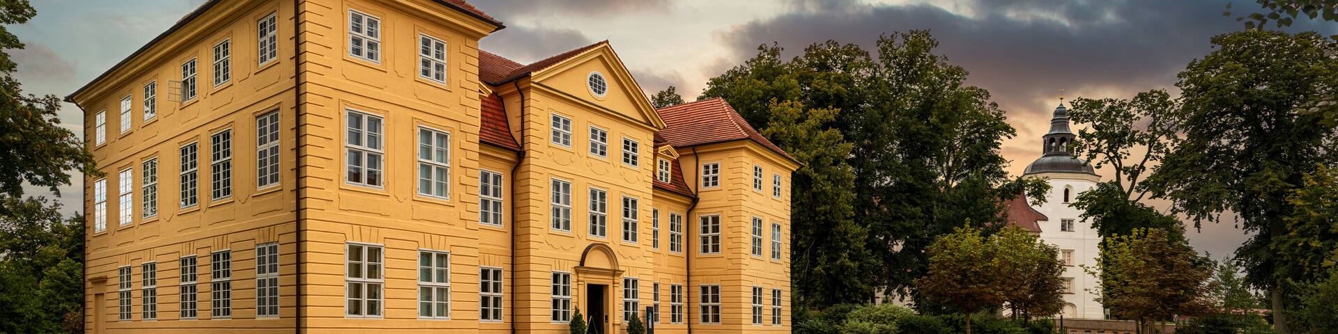 Panoramic view of Castle Mirow with Church Johanniterkirche (Germany)
