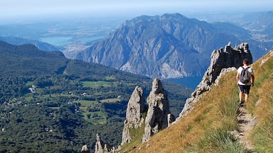 A hiker on a mountain trail with rocky outcrops, a valley with scattered houses, and a lake in the distance.
