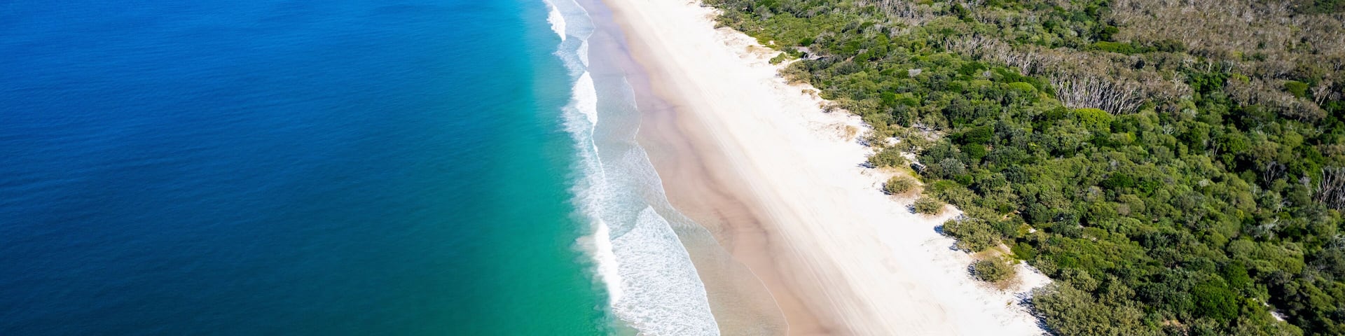 Aerial view of Tropical Paradise Beach along Coral Sea, Bribie Island, Australia.