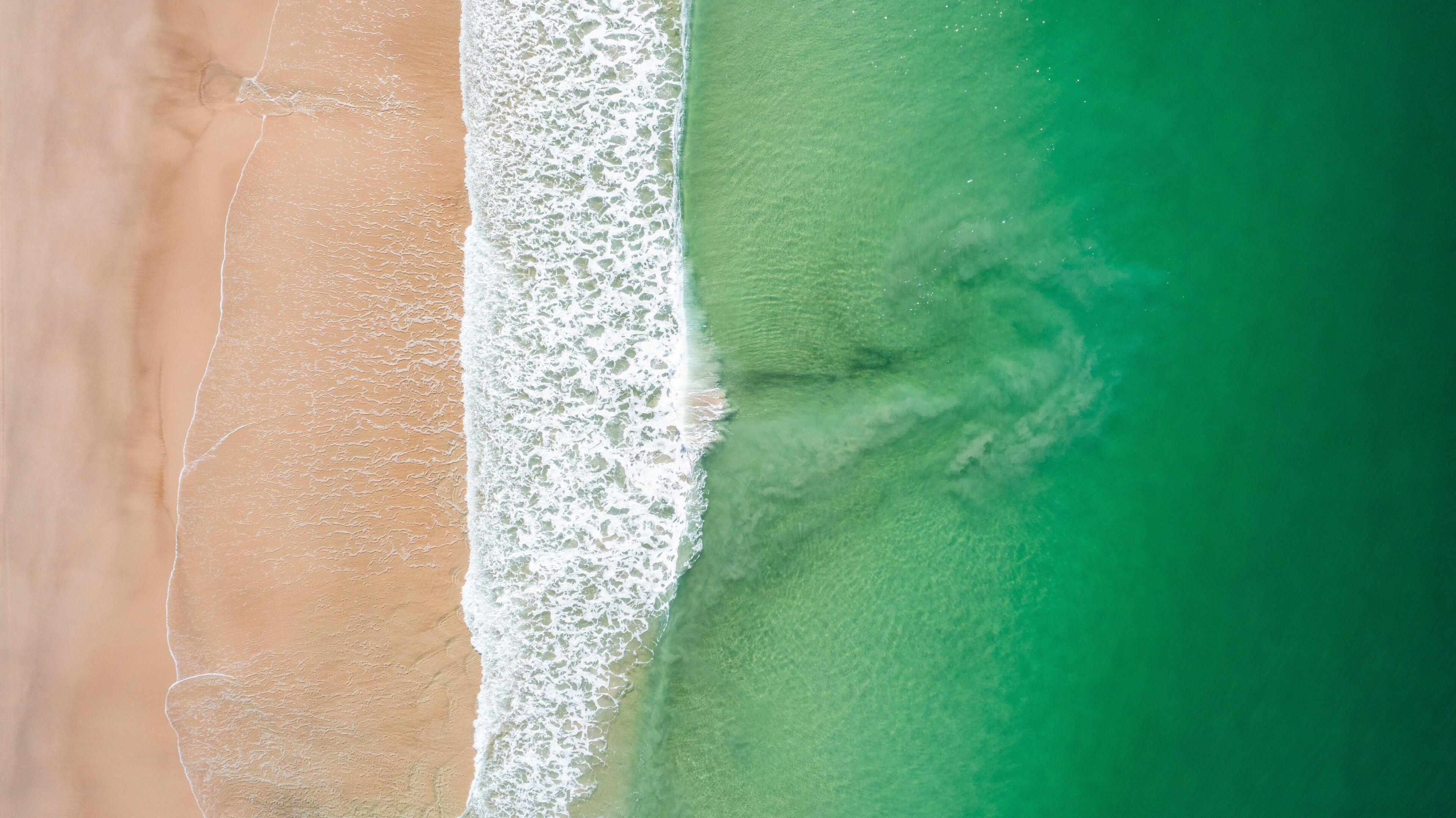 Aerial view of beautiful Ocean Beach with waves and sandy shoreline, Bribie Island, Queensland, Australia.