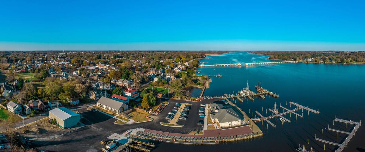 Aerial panorama view of historic colonial chestertown near annapolis situated on the chesapeake bay during an early november afternoon