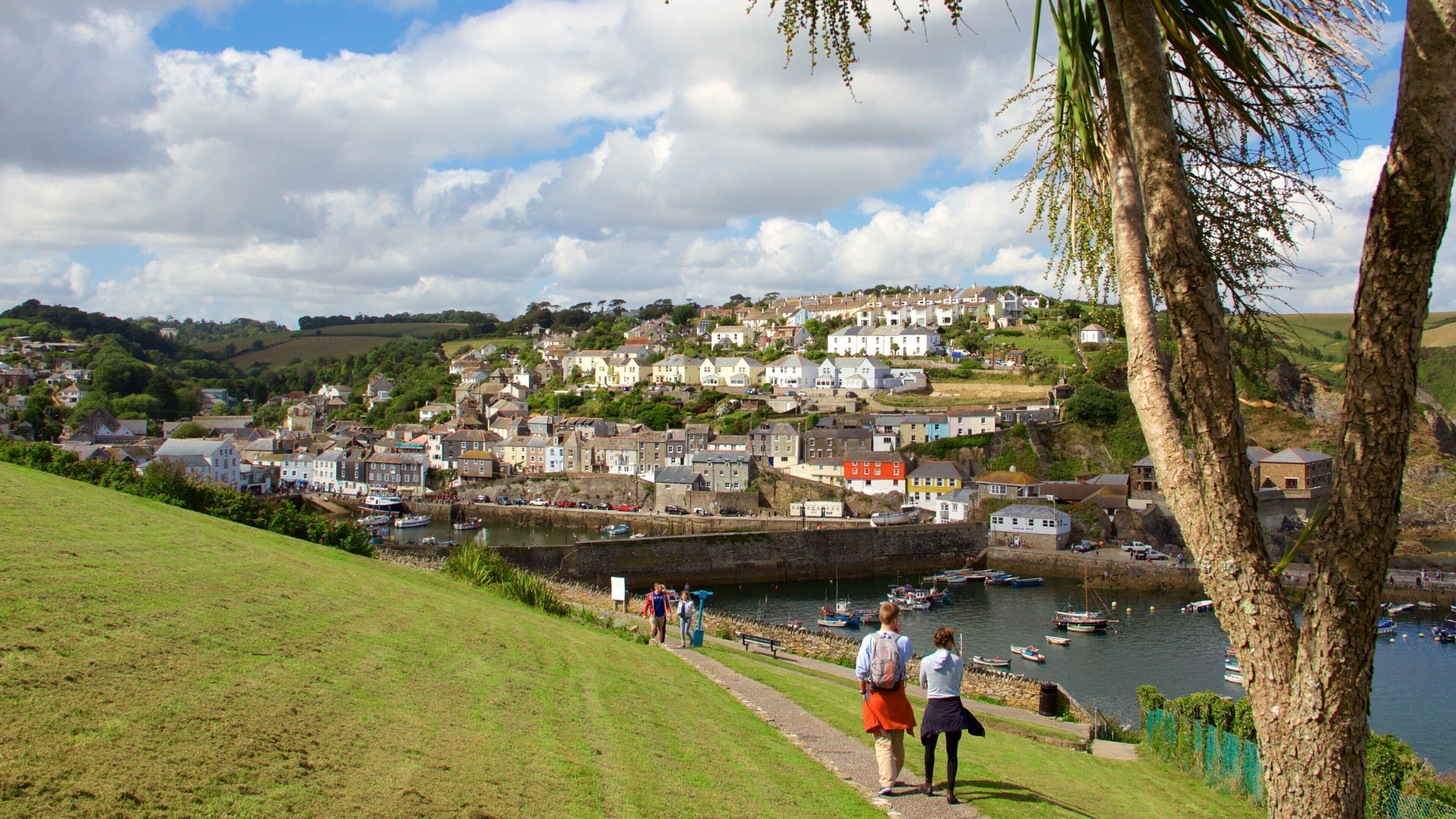 A coastal town with houses on a hillside, a harbor with boats, and a grassy path with people walking.
