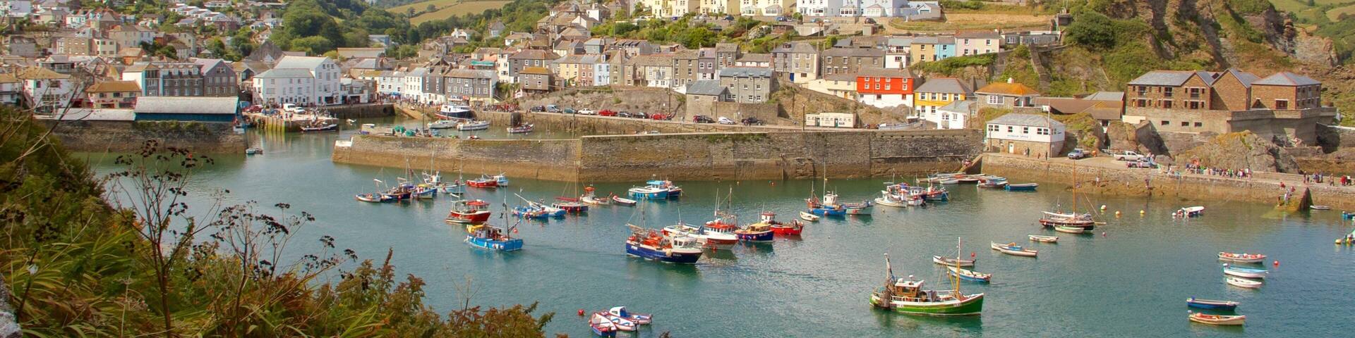 Mevagissey og byder på bådsejlads, en bugt eller havn og udsigt over kystområde