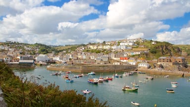 A coastal town with a harbor filled with boats, surrounded by houses and greenery.